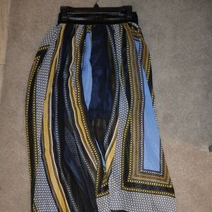 Long Flowy Maxi Skirt with Leather Band and Geometric Print